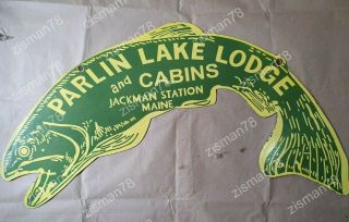 Fish Parlin Lake Lodge 2 Sided Vintage Porcelain Sign 36 X 16 Inches