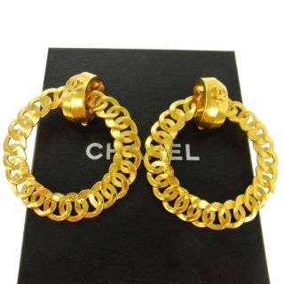 Authentic Chanel Vintage Cc Logos Hoop Earrings Gold 2.  2 - 2.  5 " Clip - On B31660k