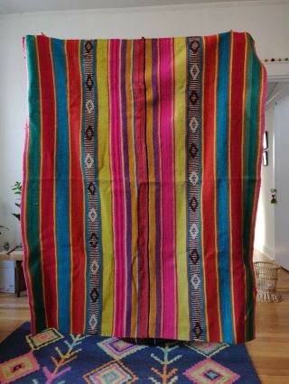 Vintage Bolivian Striped Wool Handwoven Rug Blanket Pink Yellow Turquoise