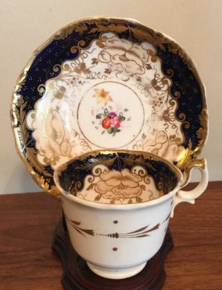 1820s Antique Hicks & Meigh Hand Painted Cobalt Gilt Tea Cup And Saucer