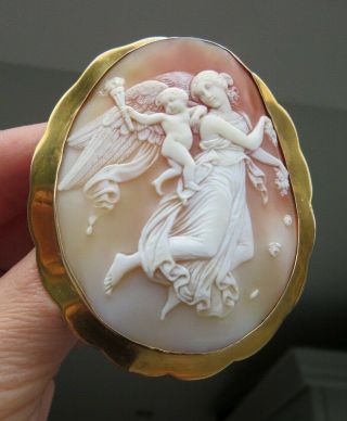 Antique 1870 Large Shell Cameo & Gold Frame of Aurora with Genius of Light 10
