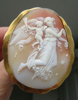 Antique 1870 Large Shell Cameo & Gold Frame of Aurora with Genius of Light 11