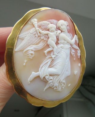 Antique 1870 Large Shell Cameo & Gold Frame of Aurora with Genius of Light 12