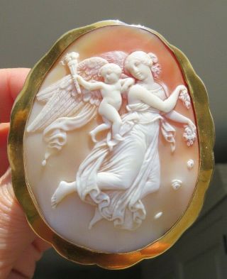 Antique 1870 Large Shell Cameo & Gold Frame of Aurora with Genius of Light 3