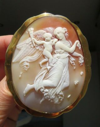 Antique 1870 Large Shell Cameo & Gold Frame of Aurora with Genius of Light 4