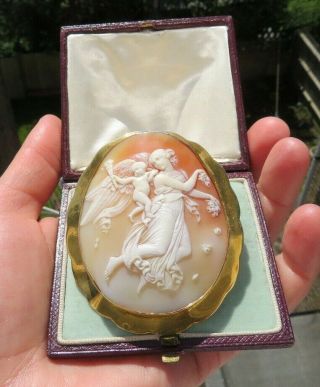 Antique 1870 Large Shell Cameo & Gold Frame of Aurora with Genius of Light 8