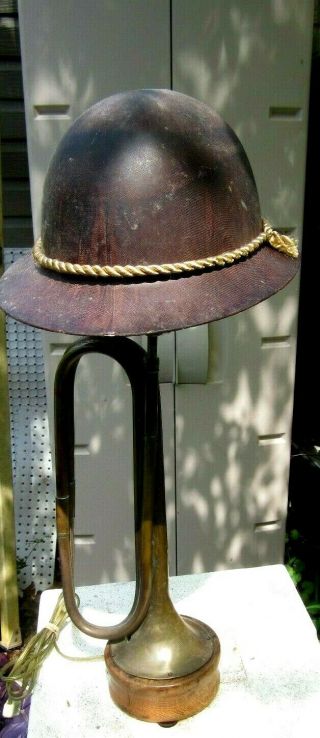 Antique Wwi / Wwii Trench Art Lamp.  Helmet Shade And Bugle Base.