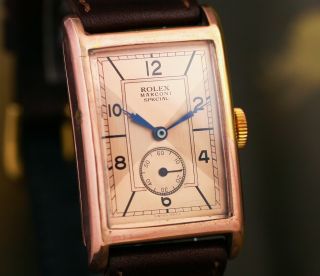 VINTAGE ROLEX MARCONI WATCH SALMON DIAL 18K GOLDPLATED RECTANGULAR CASE - 1930s 2