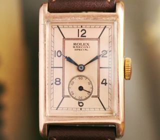 VINTAGE ROLEX MARCONI WATCH SALMON DIAL 18K GOLDPLATED RECTANGULAR CASE - 1930s 3