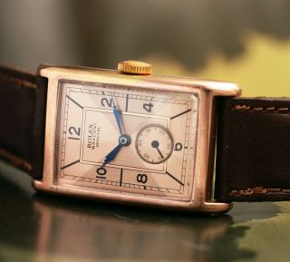 VINTAGE ROLEX MARCONI WATCH SALMON DIAL 18K GOLDPLATED RECTANGULAR CASE - 1930s 5