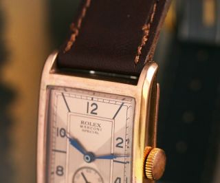 VINTAGE ROLEX MARCONI WATCH SALMON DIAL 18K GOLDPLATED RECTANGULAR CASE - 1930s 7