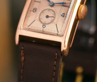 VINTAGE ROLEX MARCONI WATCH SALMON DIAL 18K GOLDPLATED RECTANGULAR CASE - 1930s 8