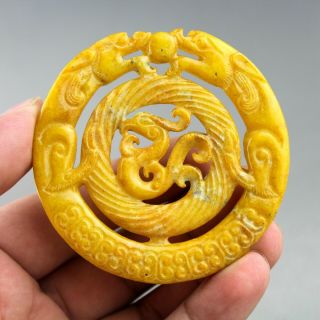 2.  8  China Old Jade Chinese Carved Ancient Dragon Phoenix Jade Pendant 2040