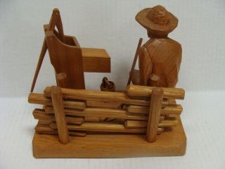 Caron Wooden Figurine Country Man Farmer with Pipe Fence Hand Pump Signed 8x7x5 6