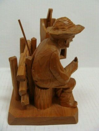 Caron Wooden Figurine Country Man Farmer with Pipe Fence Hand Pump Signed 8x7x5 7