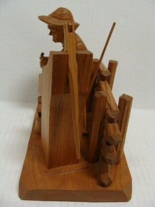 Caron Wooden Figurine Country Man Farmer with Pipe Fence Hand Pump Signed 8x7x5 8