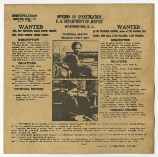 Bonnie And Clyde - Vintage Doi Issued Wanted Notice - U.  S.  Doj,  Washington,  Dc