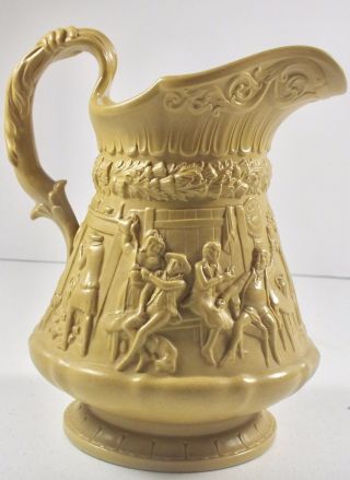 W Ridgway & Co 1835 Yellow Stoneware Pitcher W Embossed Pub & Equestrian Scenes 2