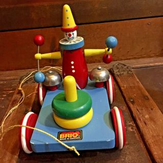 Rare Vintage Brio Wooden Clown Pull Toy Early 80s Great