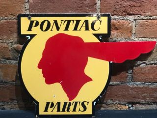 Vintage Pontiac Parts Die Cut Porcelain Sign Indian Chief