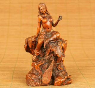 Lovely Antique Old Boxwood Hand Carved Belle Pipa Statue Netsuke Decoration