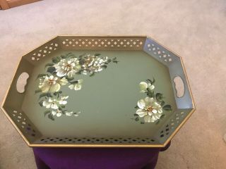 Vintage Metal Nashco Toleware Serving Tray Hand Painted Floral Green (nf)