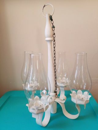 Vintage White Wrought Iron Candle Outdoor Chandelier With Hurricane Glass.