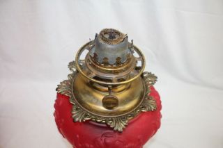 Antique Fenton Oil Lamp RUBY SATIN Double Globe Regal Iris w/ Brass Base; Scarce 10