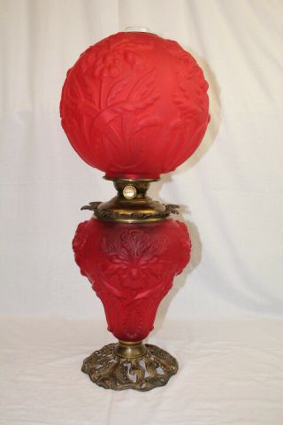 Antique Fenton Oil Lamp RUBY SATIN Double Globe Regal Iris w/ Brass Base; Scarce 12