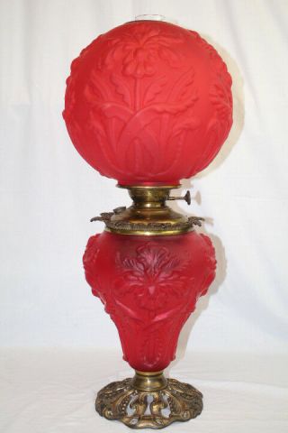 Antique Fenton Oil Lamp Ruby Satin Double Globe Regal Iris W/ Brass Base; Scarce