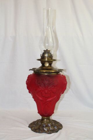 Antique Fenton Oil Lamp RUBY SATIN Double Globe Regal Iris w/ Brass Base; Scarce 6