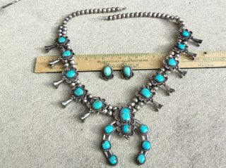 Vintage Navajo Squash Blossom Turquoise 26 " Necklace W/ 1974 Appraisal 172.  8g