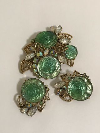 Rare Vintage Gorgeous Schiaparelli Lava Stones Glass Flowers Brooch Earrings Set