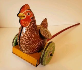 Vintage Push Along Mechanical Tin Chicken Toy With Handel Made In Great Britain