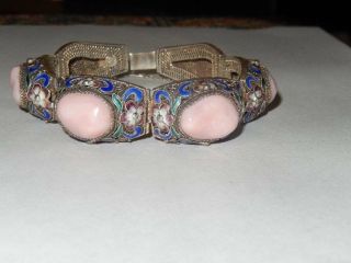 Vintage Chinese Silver Filigree Pink Stone Enamel Flower Bracelet