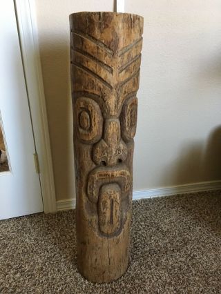 Large Vintage Carved Wood Tiki Statue Solid Wood Trunk - Signed
