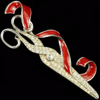Mb Boucher Pave Scissors Cutting A Red Ribbon Pin