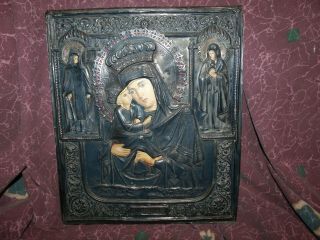 Antique Late 19thc Russian Icon Mother Of God With 84 Silver & Lacquer Riza