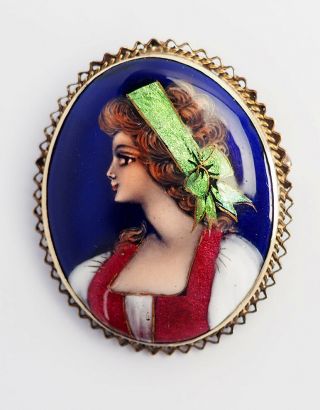 Stunning Vintage 14k Gold And Hand Painted Enamel Woman Pin Or Pendant France