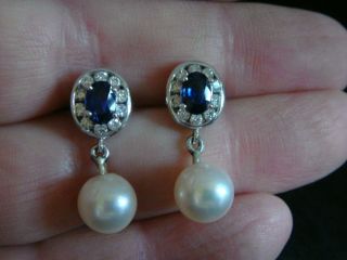Vintage Sapphire & Diamond Real Cultured Pearl Drop Earrings In 18ct White Gold