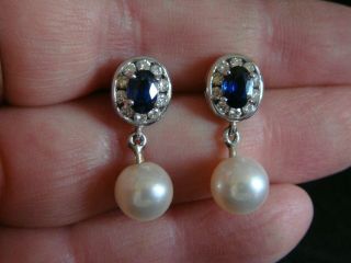 VINTAGE SAPPHIRE & DIAMOND REAL CULTURED PEARL DROP EARRINGS IN 18CT WHITE GOLD 2
