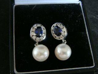 VINTAGE SAPPHIRE & DIAMOND REAL CULTURED PEARL DROP EARRINGS IN 18CT WHITE GOLD 3