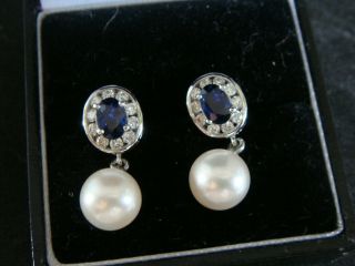 VINTAGE SAPPHIRE & DIAMOND REAL CULTURED PEARL DROP EARRINGS IN 18CT WHITE GOLD 4