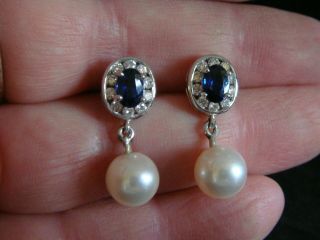 VINTAGE SAPPHIRE & DIAMOND REAL CULTURED PEARL DROP EARRINGS IN 18CT WHITE GOLD 5