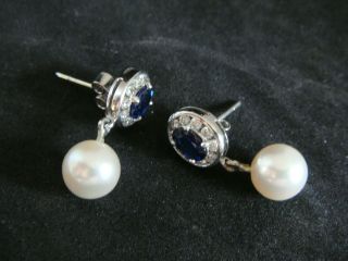 VINTAGE SAPPHIRE & DIAMOND REAL CULTURED PEARL DROP EARRINGS IN 18CT WHITE GOLD 6