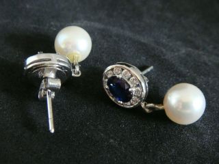 VINTAGE SAPPHIRE & DIAMOND REAL CULTURED PEARL DROP EARRINGS IN 18CT WHITE GOLD 7