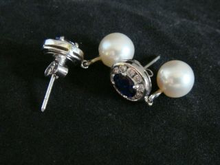 VINTAGE SAPPHIRE & DIAMOND REAL CULTURED PEARL DROP EARRINGS IN 18CT WHITE GOLD 8