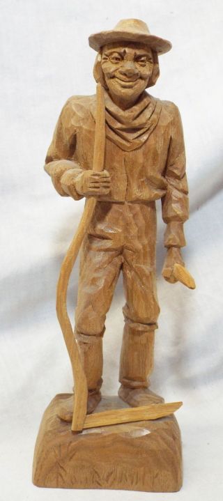 Old Vintage Man With Knife & Scythe Wooden Canadian Carved Statue Signed