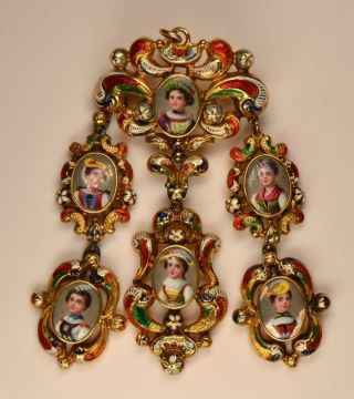 Antique 1820s 14k Gold And Swiss Enamel Family Portrait Pin And Pendant