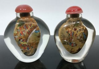Vtg Chinese 2pc Reverse Painted Glass Miniature Snuff Jar Bottles